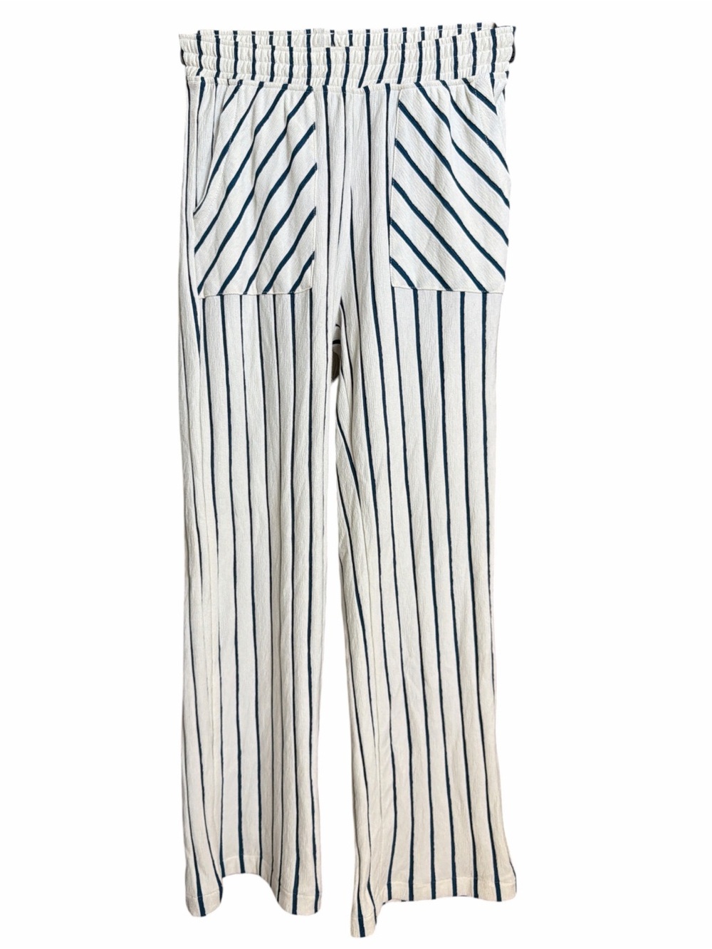 Zara White and Navy Striped High-waisted Wide-Leg Pants. Size 13/14
